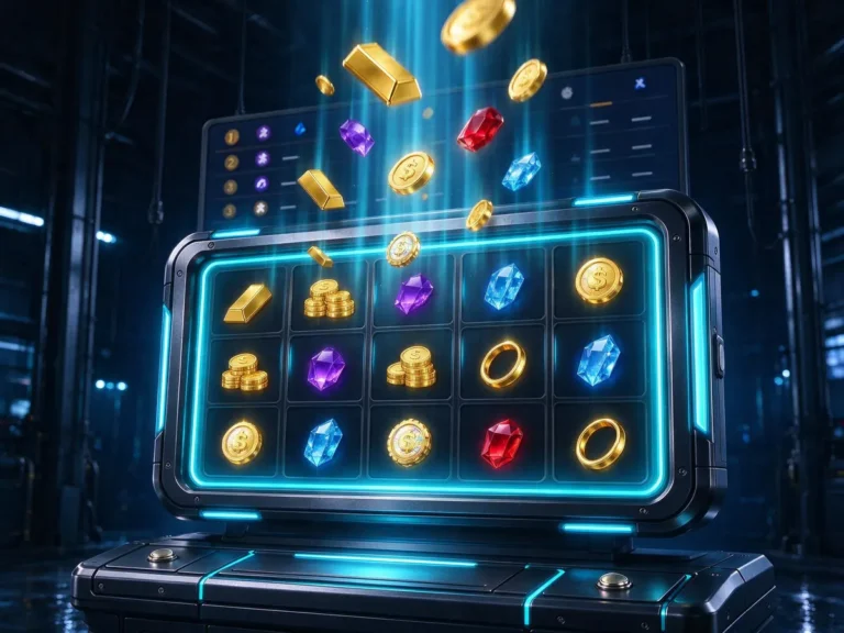 Illustration of a slot machine grid with cash prize symbols and a leaderboard panel