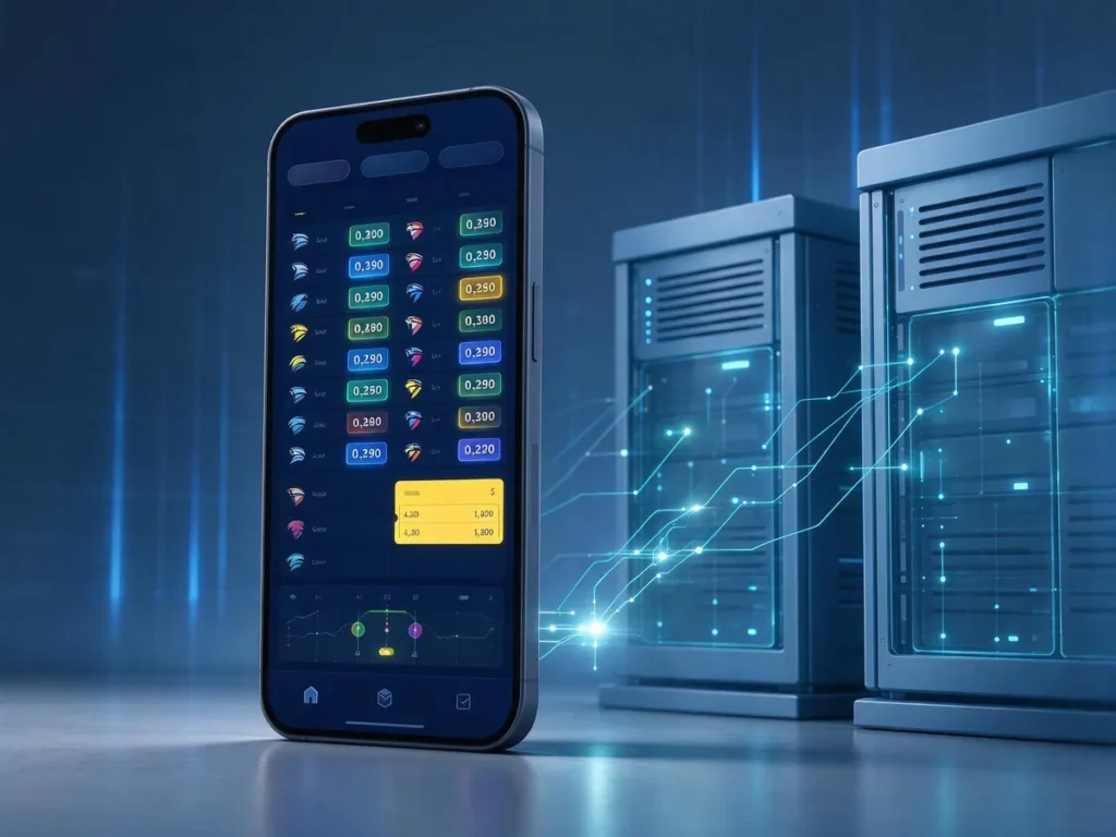 Smartphone showing a live betting screen with server infrastructure illustrated behind it