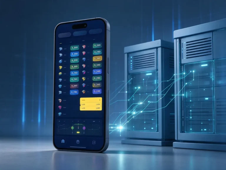 Smartphone showing a live betting screen with server infrastructure illustrated behind it