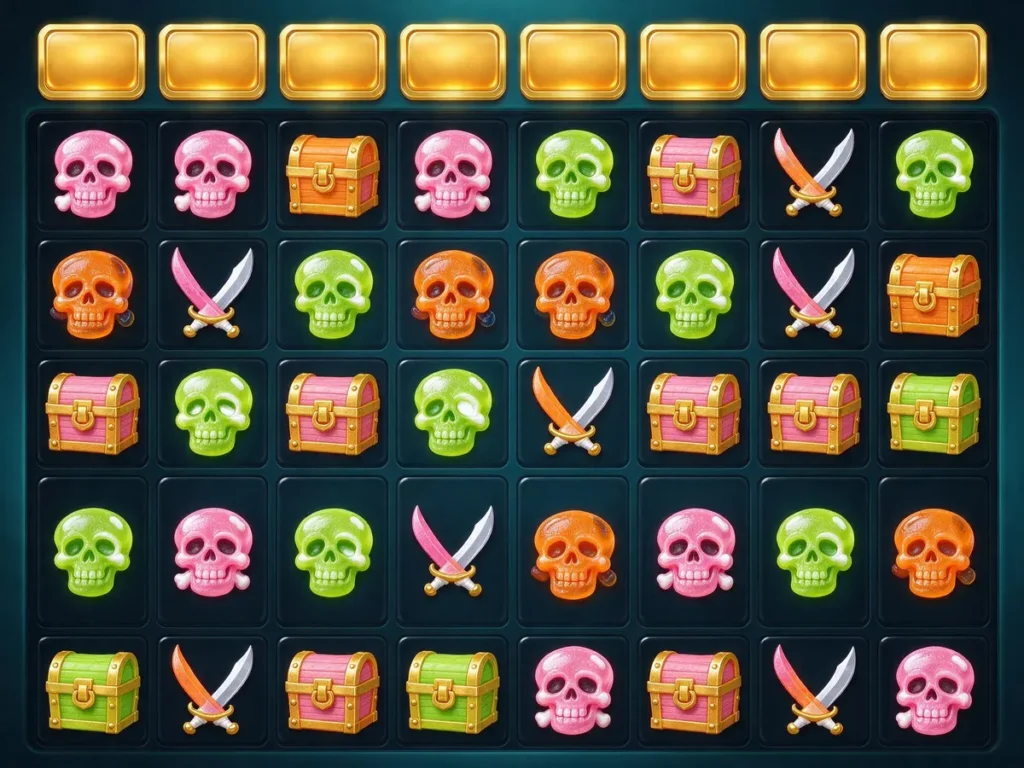 Gummy pirate symbols on a 6x6 slot grid with a row of multiplier tiles above it
