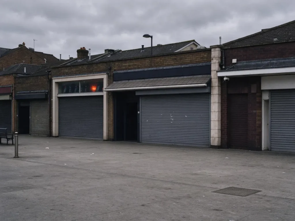 A British high street with a bookmaker's and an amusement arcade among the shopfronts