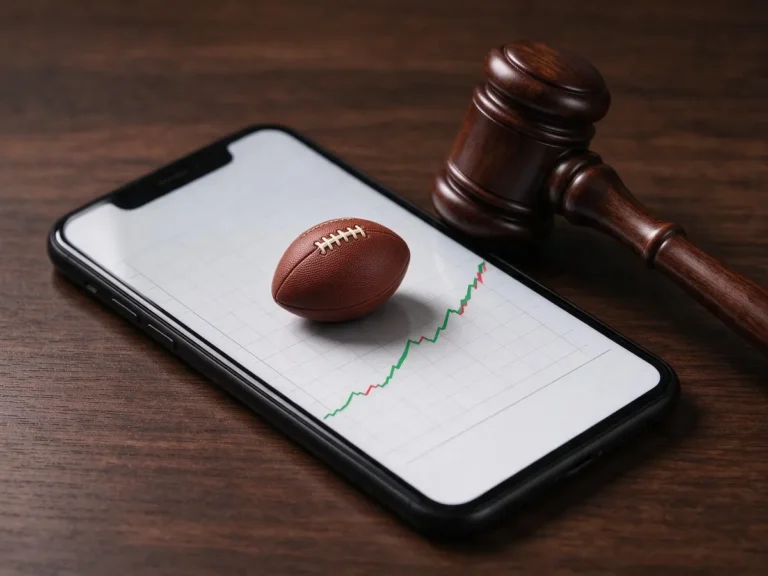 Gavel beside a phone showing a sports event contract market chart