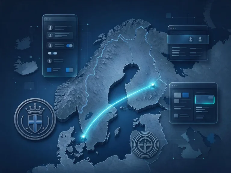 Illustration linking Finland and Denmark with betting interface panels, representing the Veikkaus Viabet launch