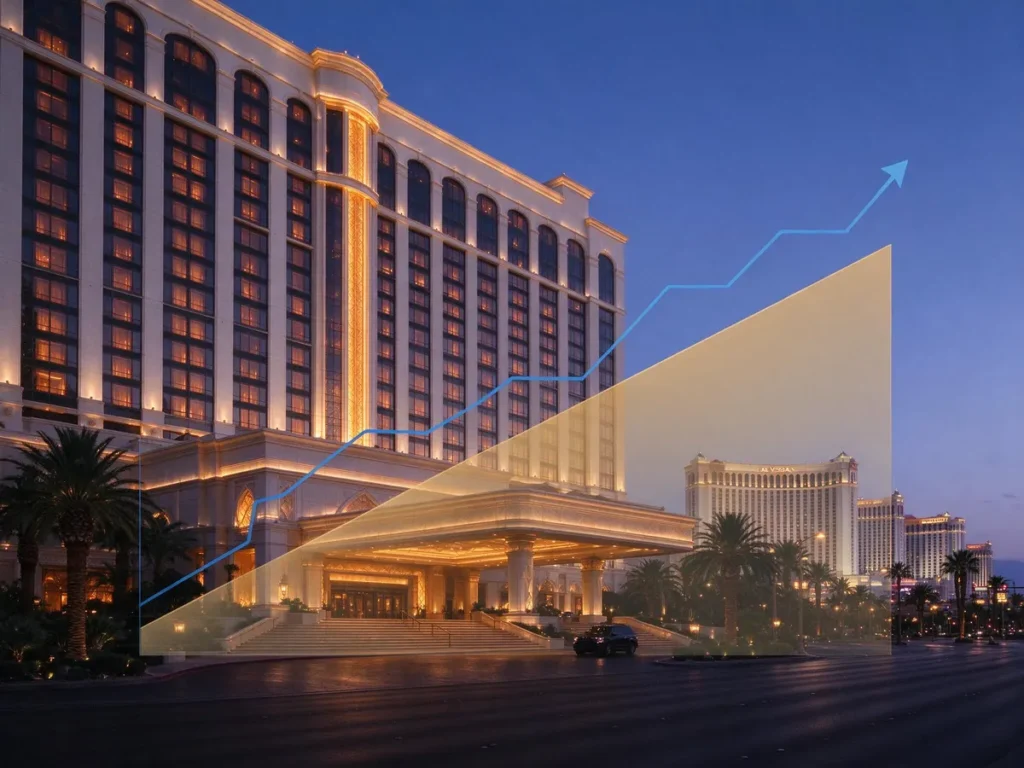 Casino resort at dusk with an overlaid rising revenue line and a narrowing margin wedge representing a gaming REIT's earnings