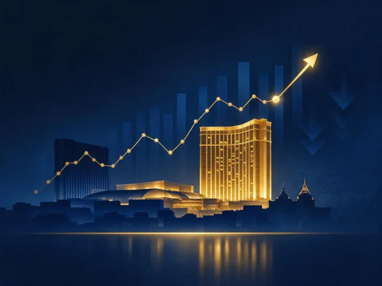 Illustration of a casino property skyline behind a stock chart, representing VICI Properties' share buyback