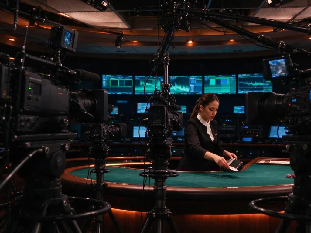 Live casino studio table surrounded by broadcast cameras and lighting rigs with a control room visible behind