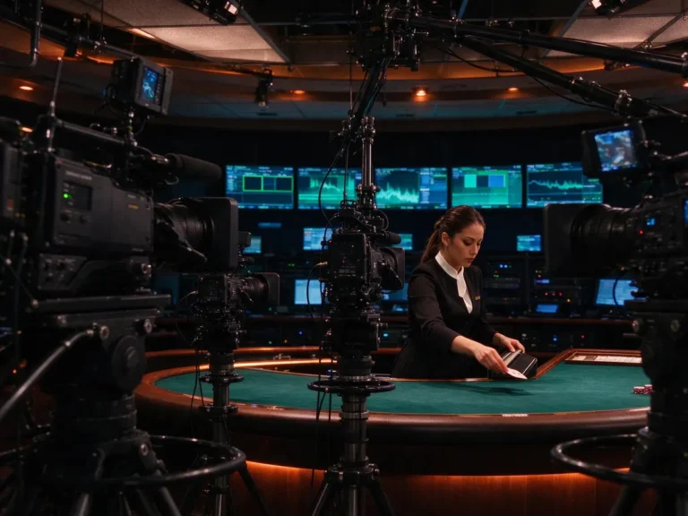 Live casino studio table surrounded by broadcast cameras and lighting rigs with a control room visible behind