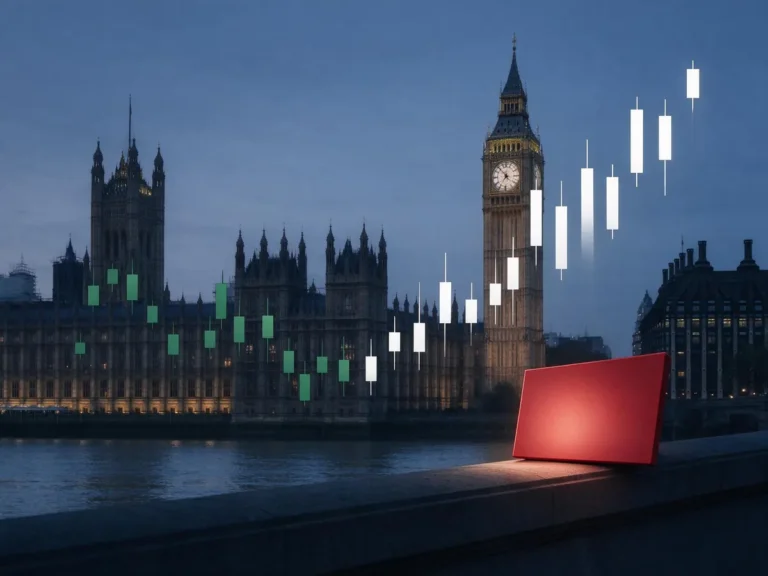 Rising share price chart in front of the UK Parliament, illustrating gambling stocks reacting to a tax rise